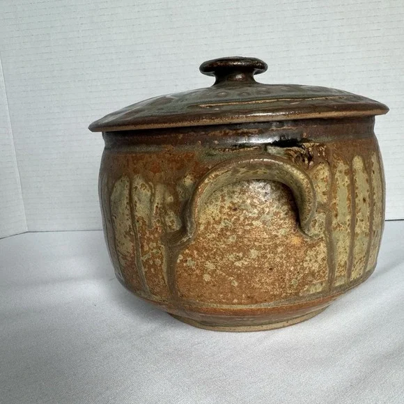Studio Pottery Lidded Casserole Dish Signed Drip Glaze Earth Tone MCM Organic - Picture 6 of 12